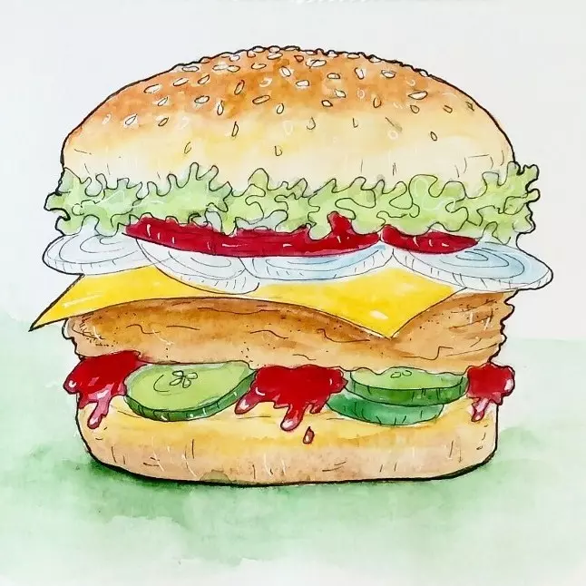 Цветной натюрморт карандашом гамбургер - Fenlin.ru