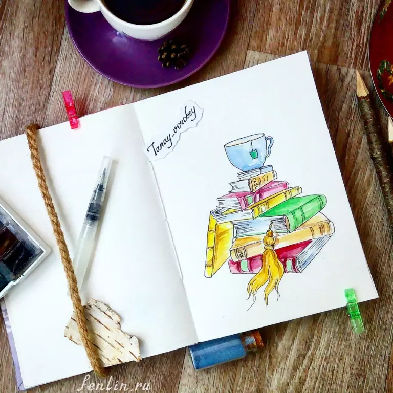 Цветной натюрморт карандашом книги и чашка - Fenlin.ru