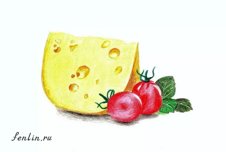 Цветной натюрморт карандашом сыр и помидоры - Fenlin.ru