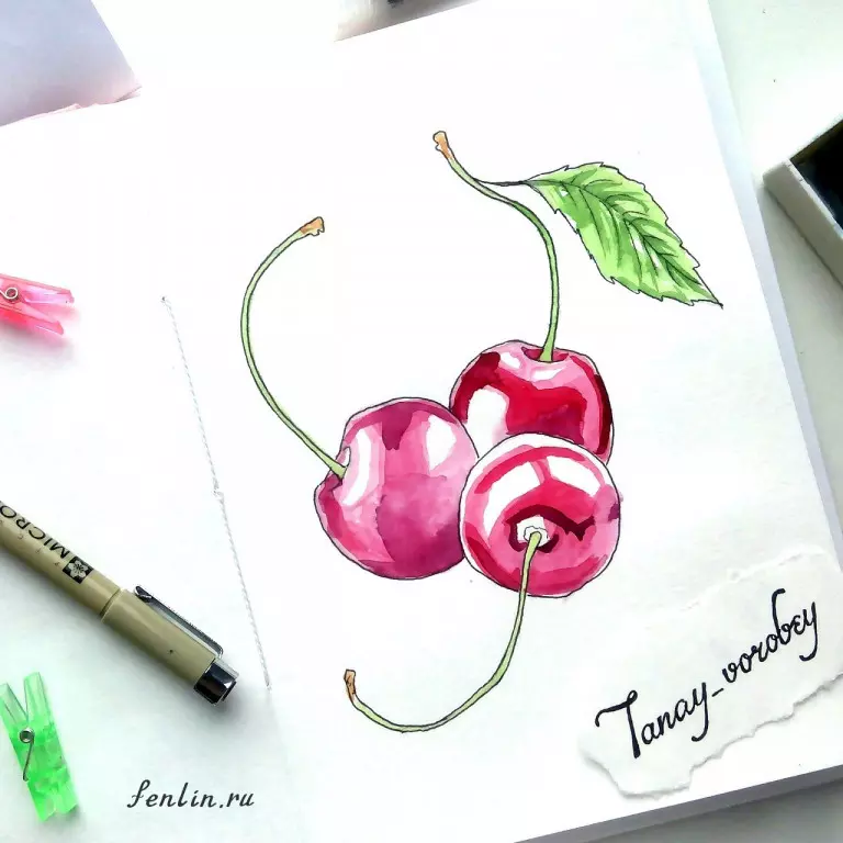 Цветной натюрморт карандашом три вишни - Fenlin.ru