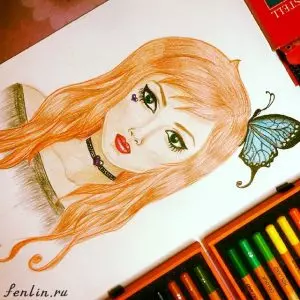 Цветной портрет карандашом девушки с бабочкой на волосах - Fenlin.ru